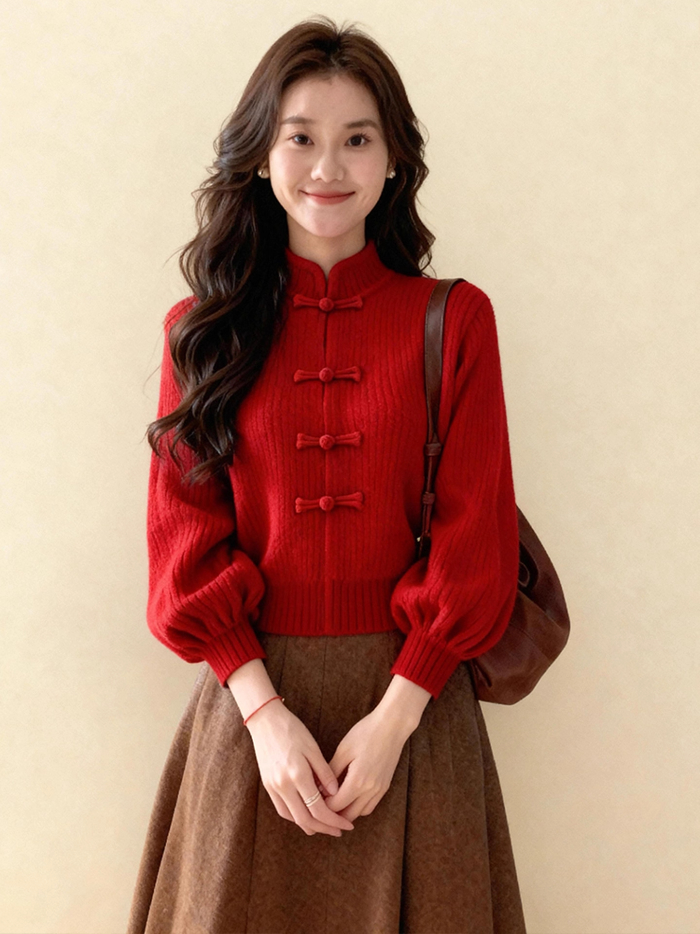 新中式时尚立领盘扣针织衫女2025秋冬新款红色氛围感国风打底毛衣