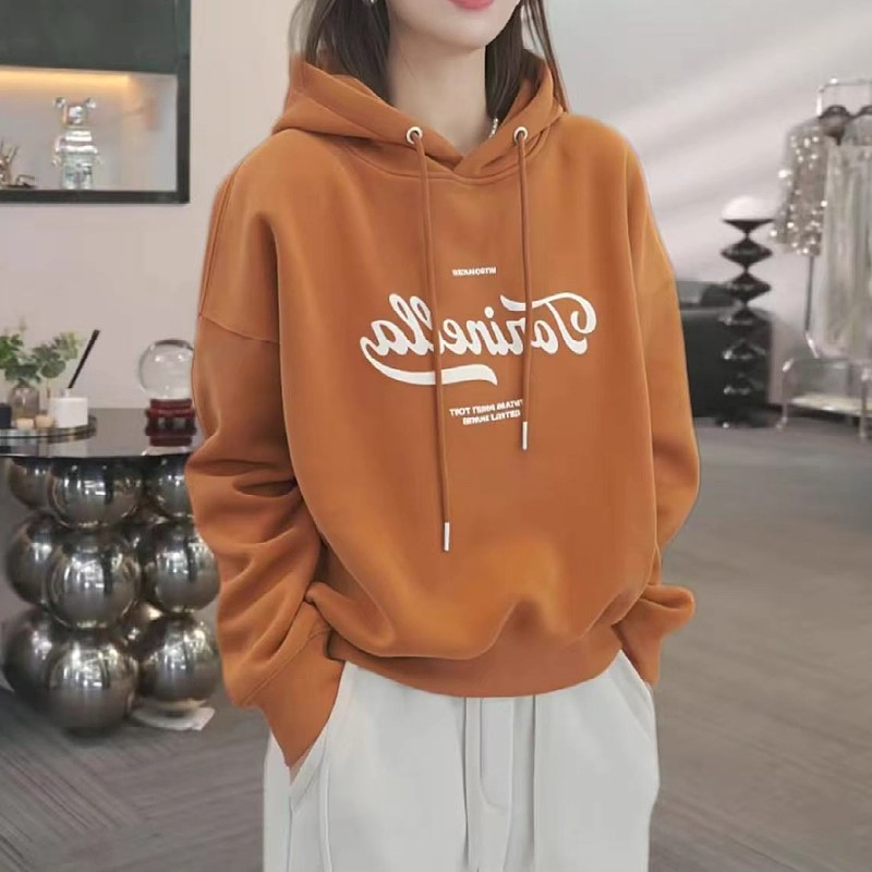 时尚休闲遮肉减龄宽松上衣秋冬新款大码女装韩版连帽印花加绒卫衣