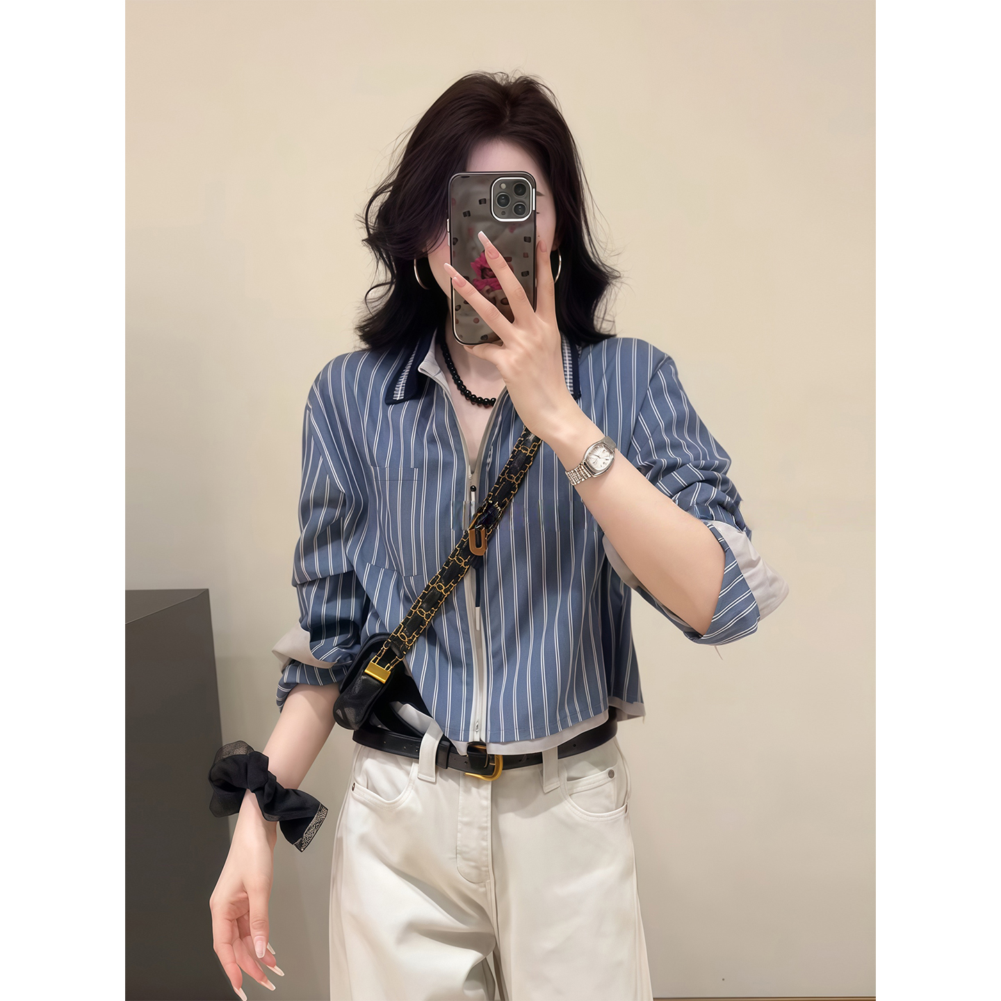 复古Polo领撞色条纹长袖衬衫外套女秋季新款宽松显瘦高级感上衣