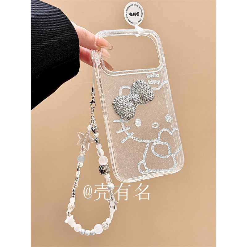 可爱半脸kitty立体蝴蝶结手链条适用苹果17手机壳iPhone16/15/14