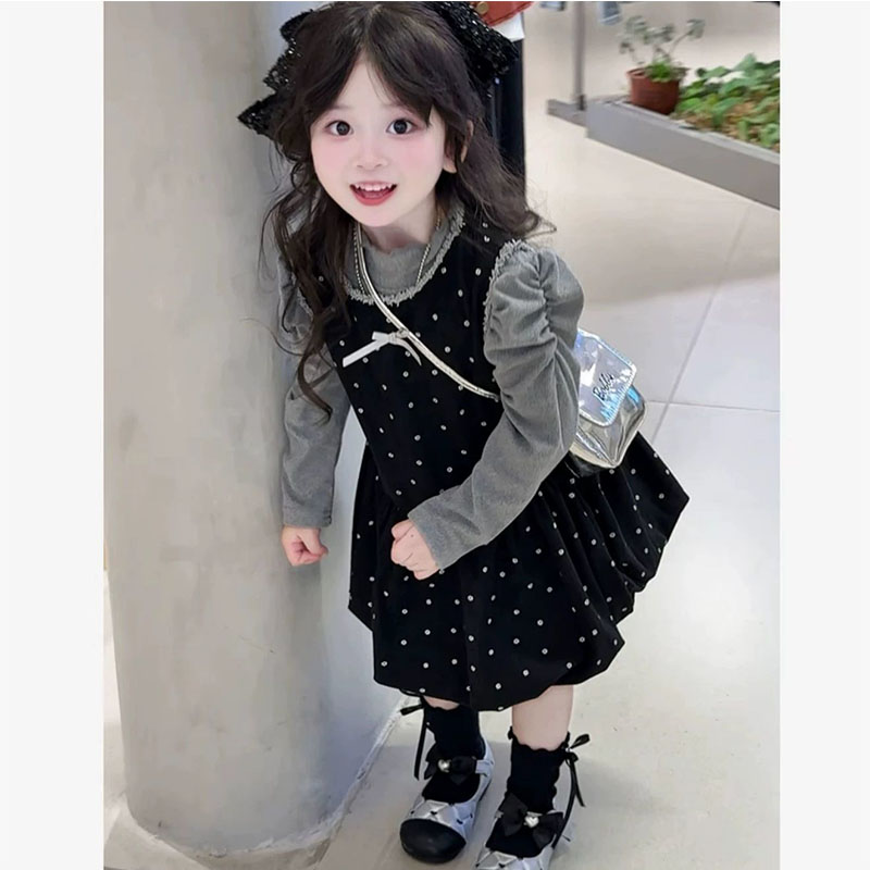 森系女童波点连衣裙2025秋季新款儿童宝宝洋气泡泡袖打底衫两件套
