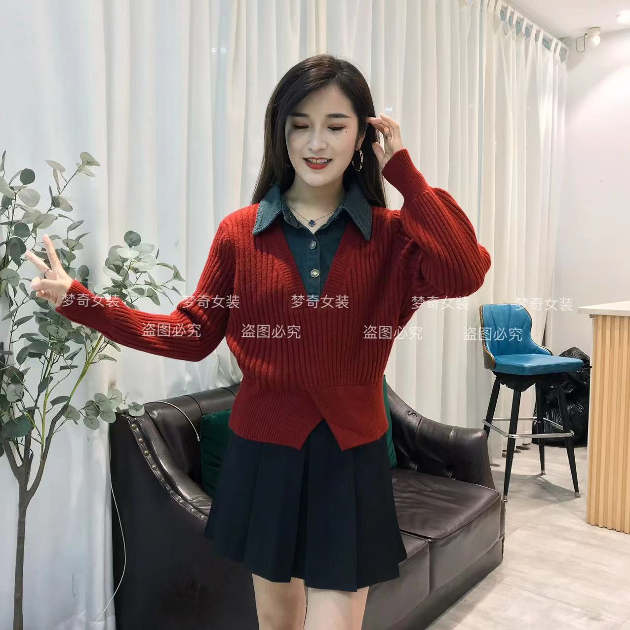 小众设计感撞色假两件毛衣女拼接立领针织衫显瘦外套2024秋冬新款