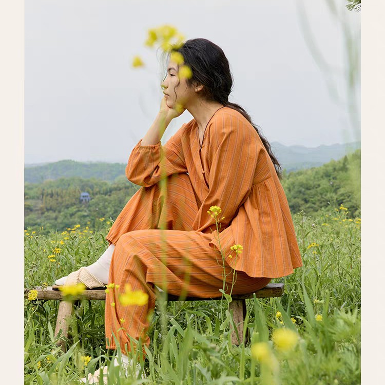 秋冬新款女士纯棉圆领套头橙条简约睡衣家居服