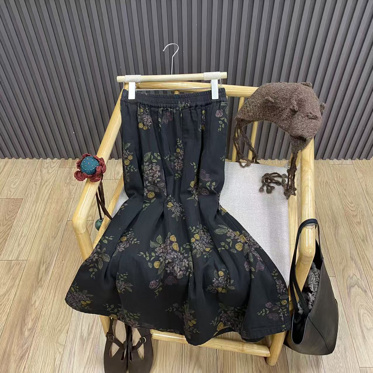 早秋复古纯棉印花高腰半身裙宽松百搭碎花中长款A字裙女Q99900-2