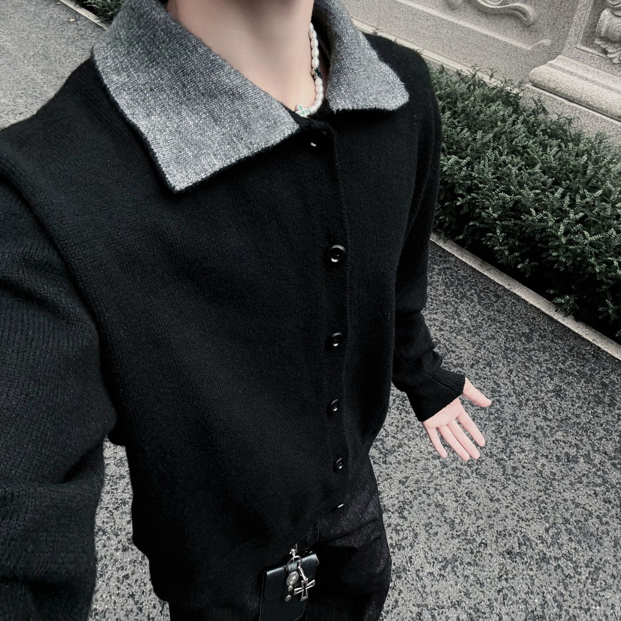 K12 25秋冬羊毛混纺翻领加厚高领纽扣开衫针织毛衣内搭外套