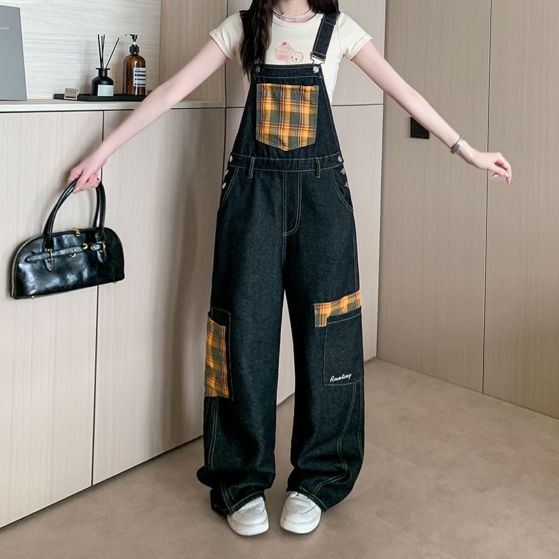 实拍实价~美式复古格纹背带裤女新款拼接设计感宽松直筒牛仔裤