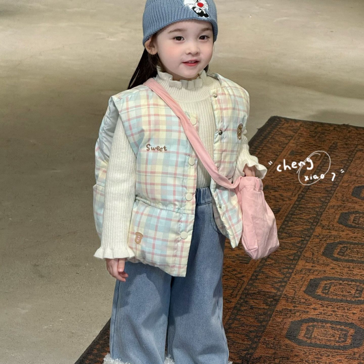 女童冬季马甲新款儿童加棉加厚保暖上衣女孩洋气百搭格子坎肩外穿