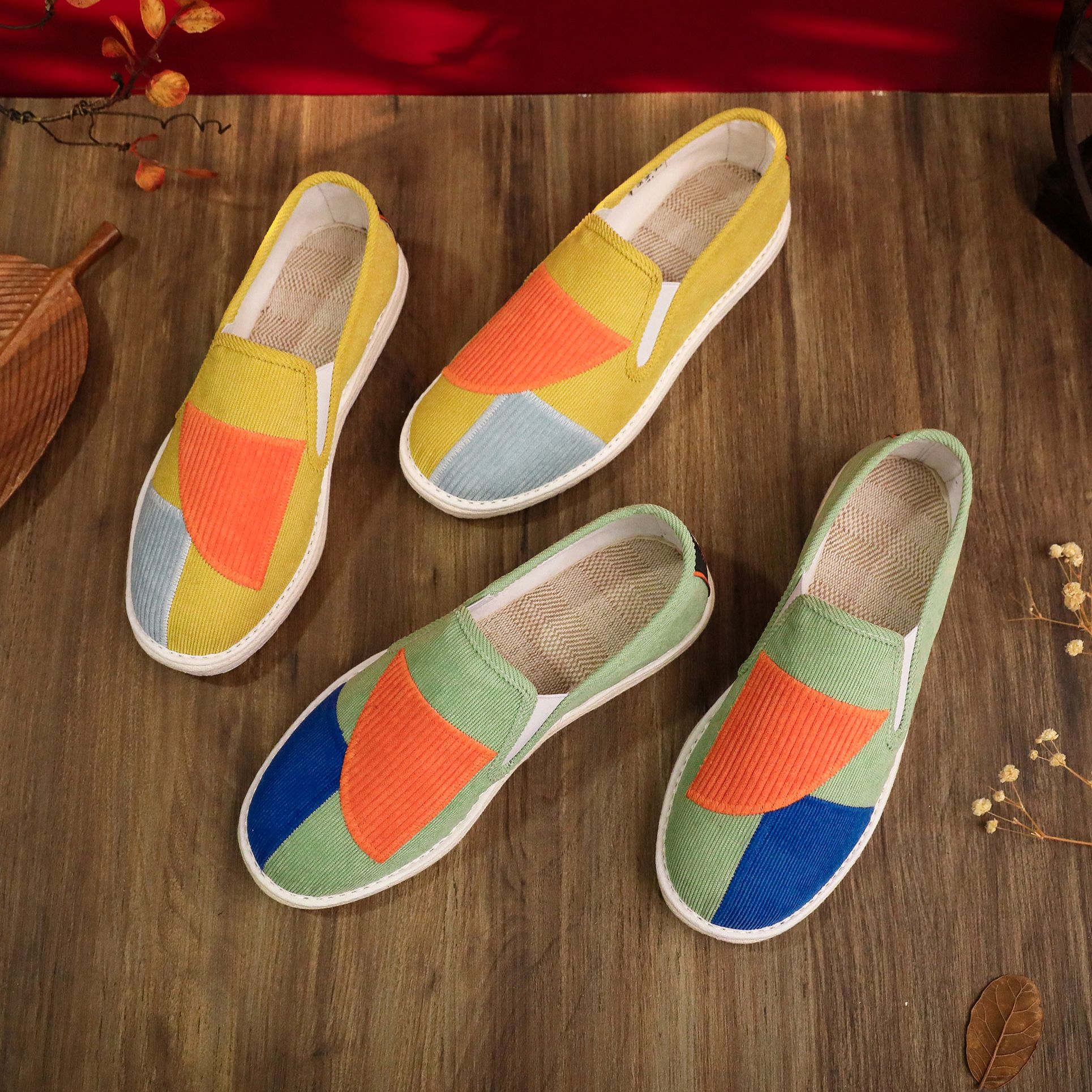 【京紫红】夏季补丁拼接灯芯绒开车办公一脚蹬透气软底时尚舒适布鞋