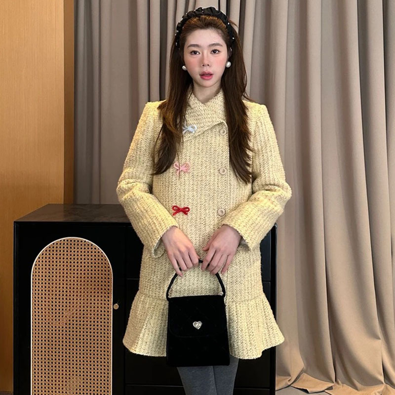 内胆米黄中长款鱼尾裙子毛呢外套女连衣裙冬装连衣裙显瘦气质夏季