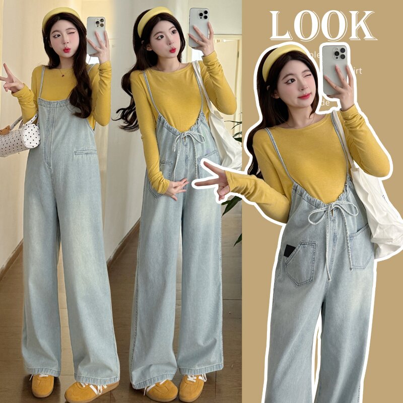 孕妇春秋套装2025新款牛仔背带裤春季孕妈高级感穿搭时尚洋气时髦