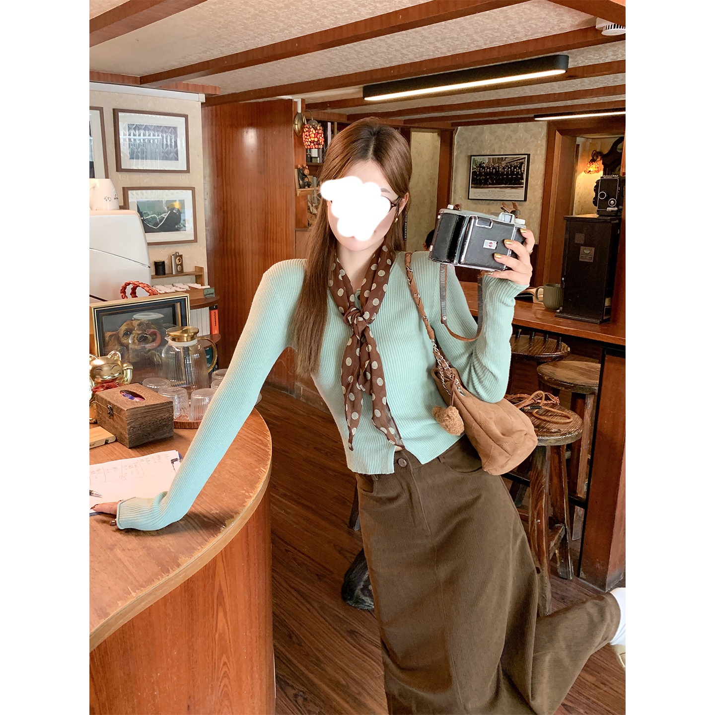 韩系绿色短款长袖针织衫女秋修身毛衣开衫单穿上衣显瘦半身裙套装