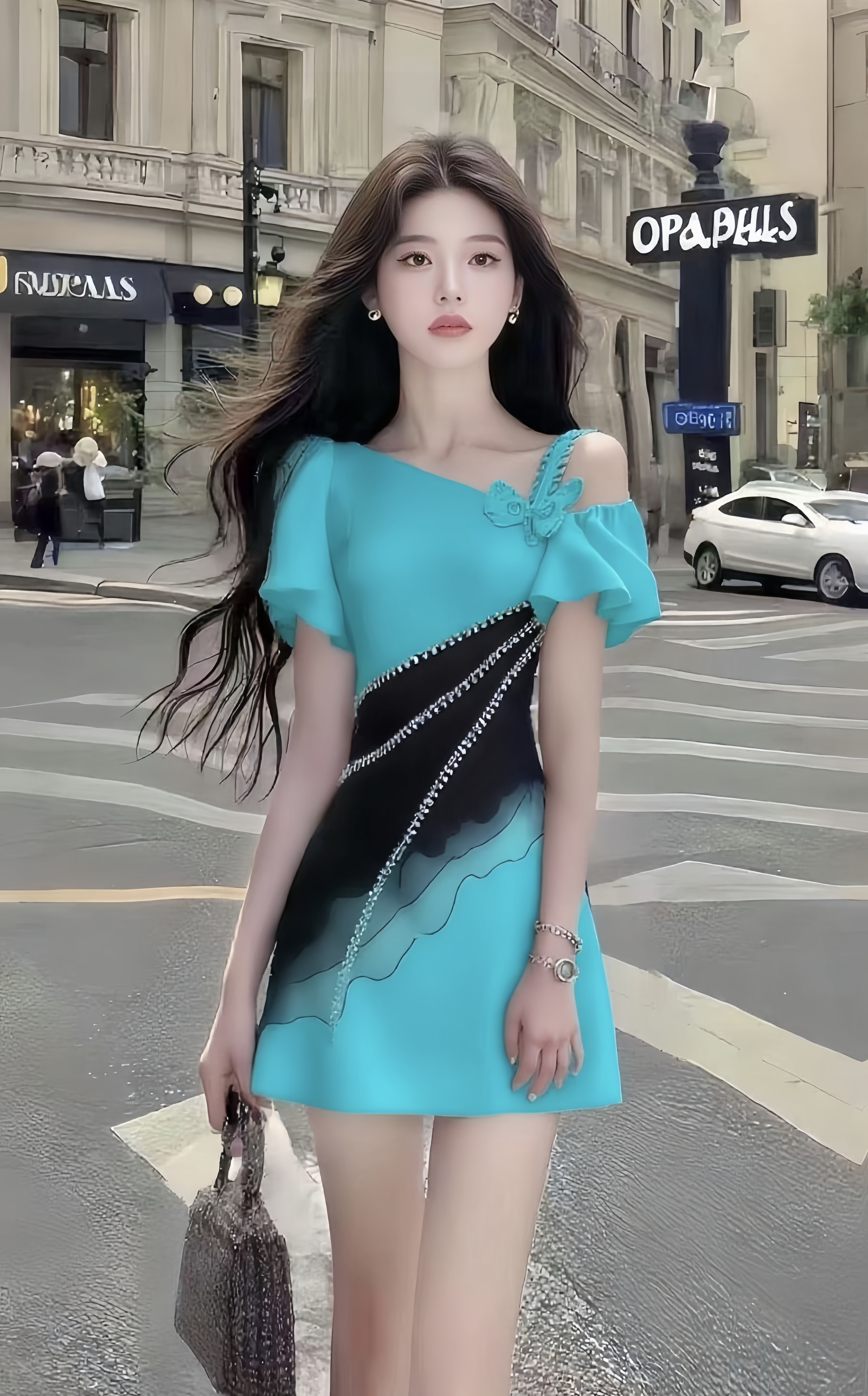 法式温柔甜美风时尚高端大气氛围感湖蓝色斜领短袖收腰拼接连衣裙