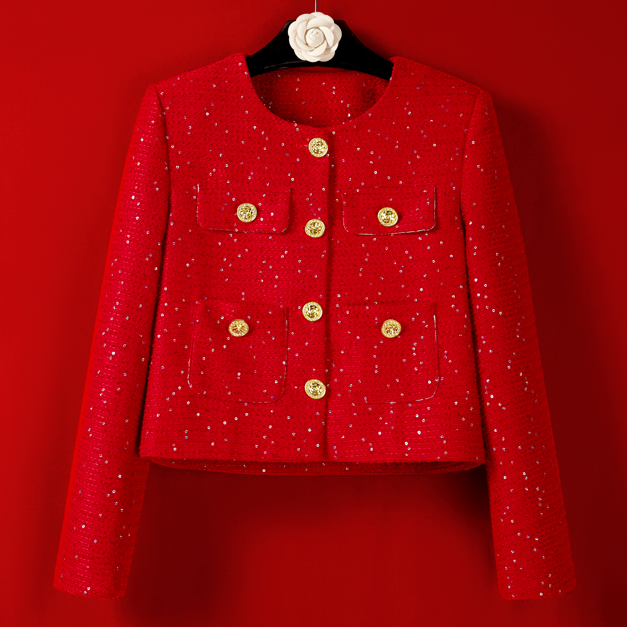 【熔金日】新款重工高级时尚轻奢上衣红色女装小香风外套秋