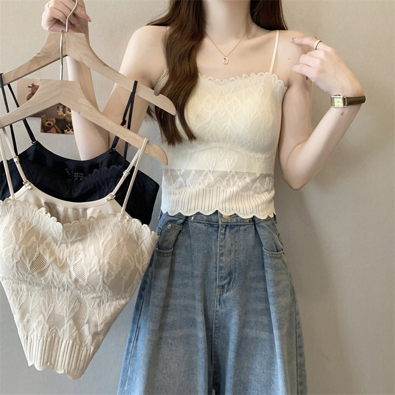 法式别致蕾丝吊带背心女内搭带胸垫文胸美背内衣一体外穿打底上衣