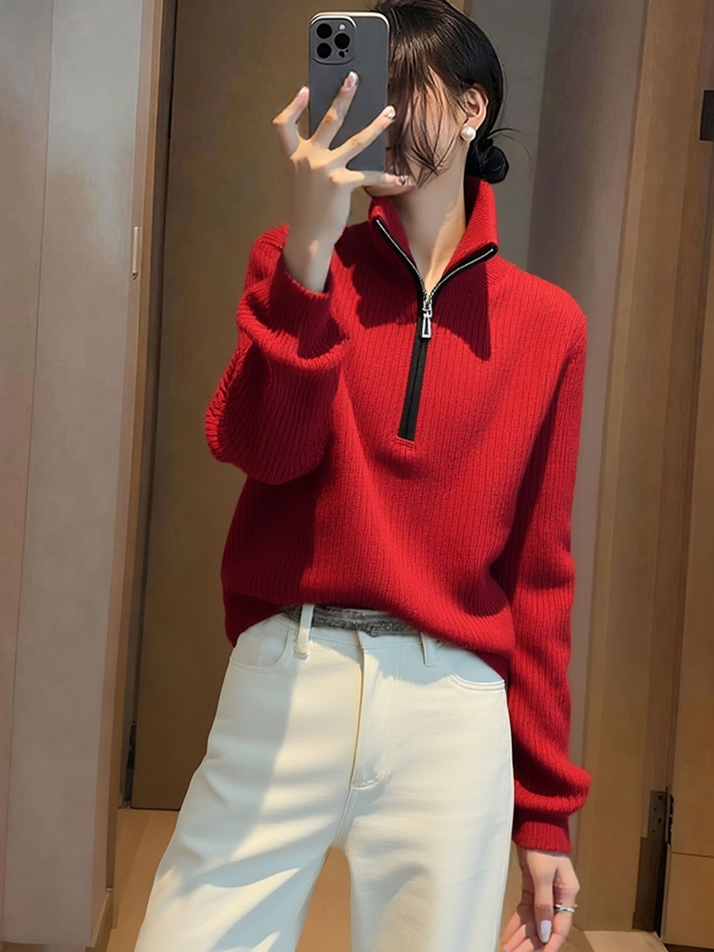 欧货高端大牌圣诞红半拉链高领长袖绒针织衫2025冬季红色上衣女
