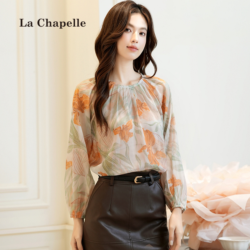 拉夏贝尔法式复古印花圆领长袖衬衫女秋季宽松灯笼袖防晒雪纺小衫