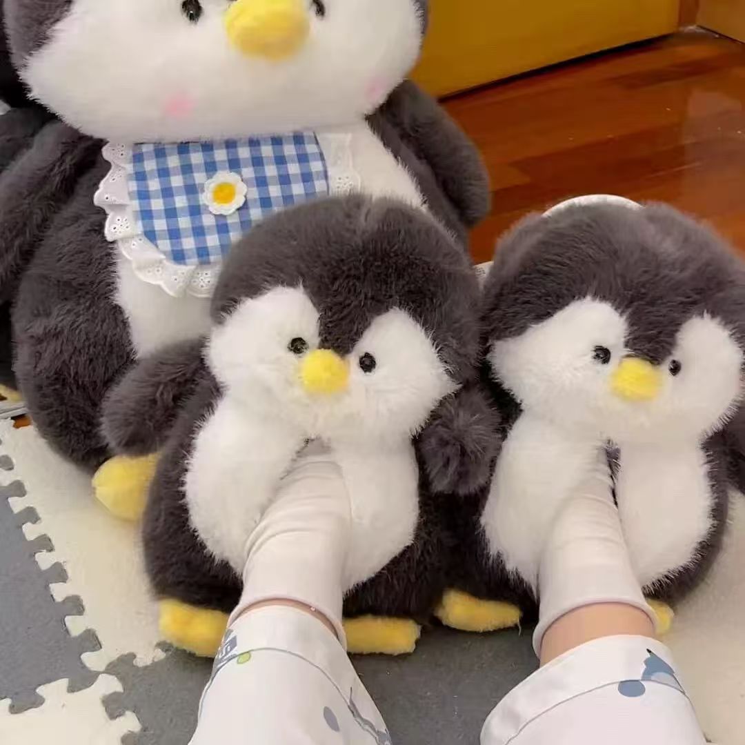 企鹅棉拖鞋女秋冬季室内居家厚底包跟毛绒儿童可爱保暖冬天