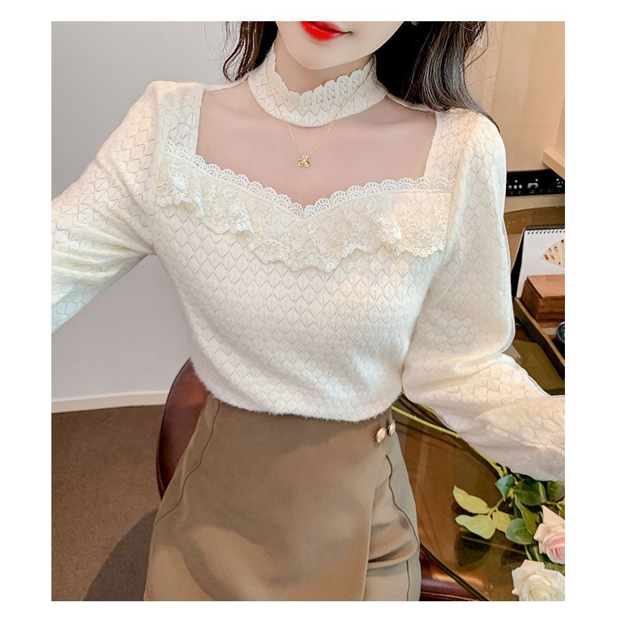 半高领网纱拼接蕾丝衬衫2025秋冬新款木耳边显瘦上衣