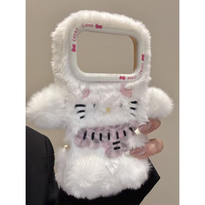 萌趣可爱围脖猫咪白底毛绒适用于iphone17promax苹果16p手机壳15p