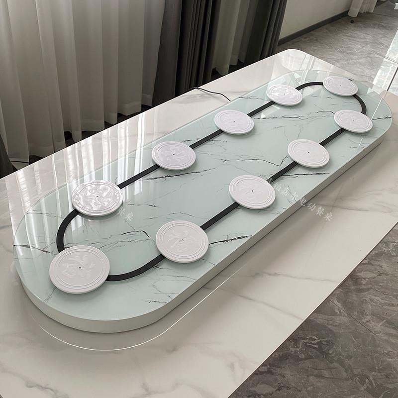 长方形餐桌电动转盘家用简约一体长桌智能遥控自动旋转静音传送带