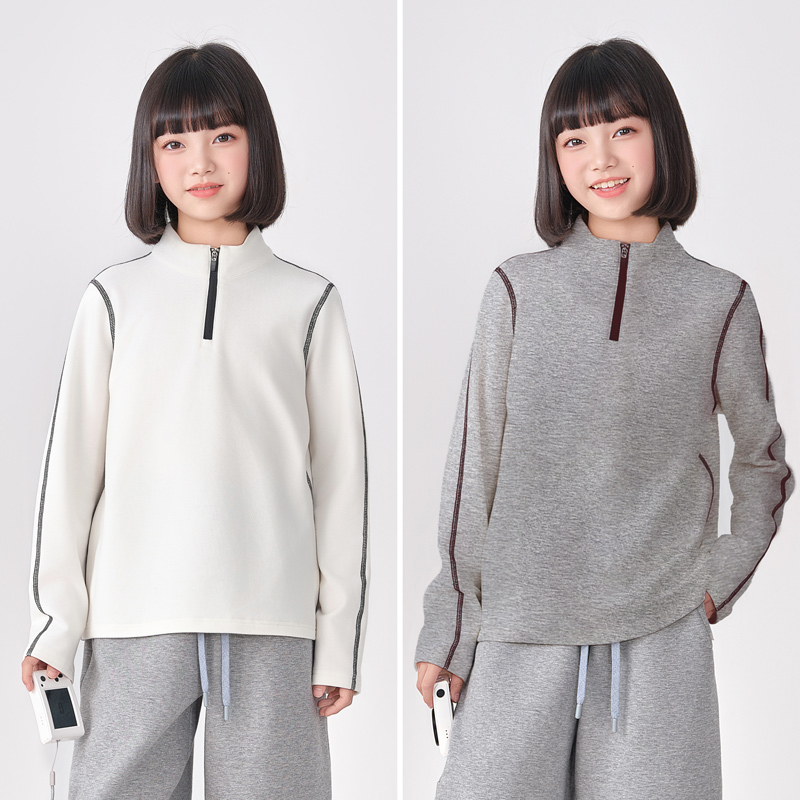 2205女童德绒打底衫早秋新款爆款中大童洋气立领拉链长袖T恤上衣