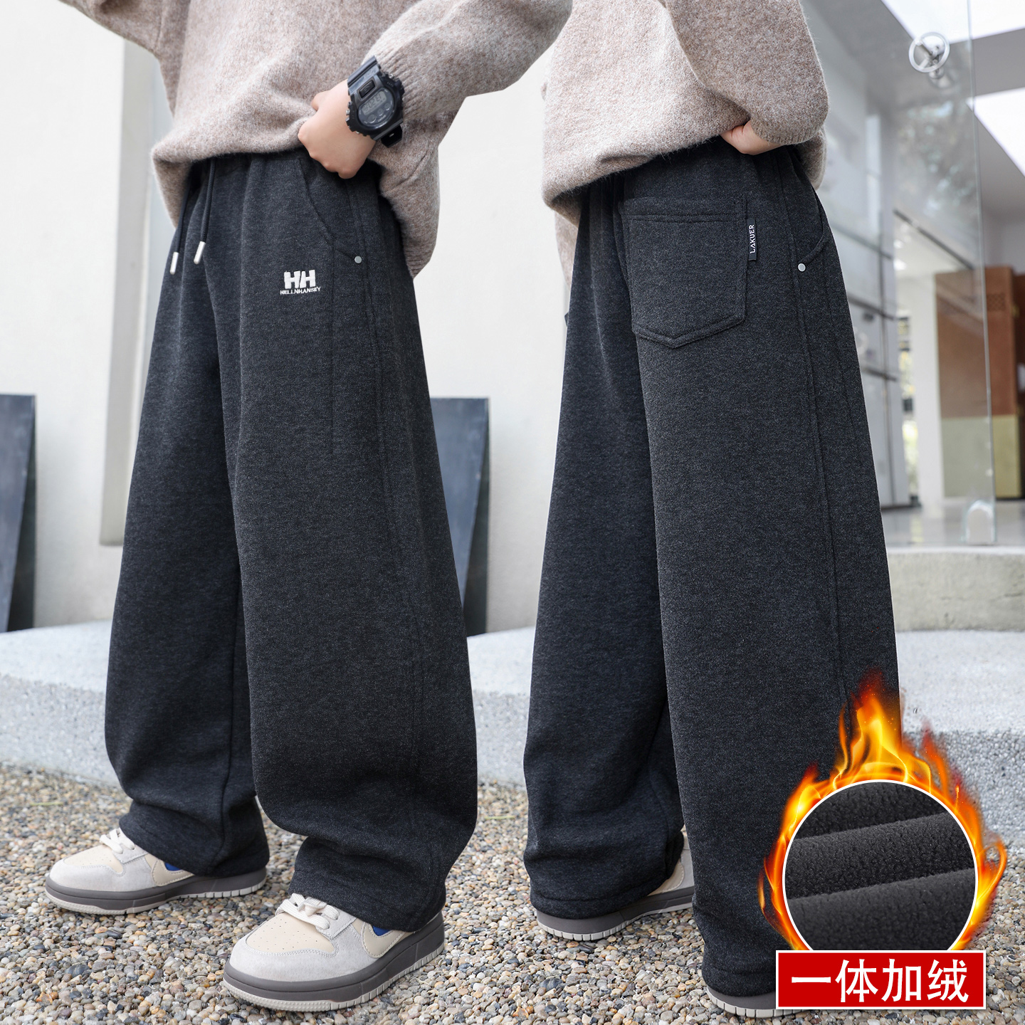 男童秋冬季一体加绒运动裤中大童2025新款学生儿童冬装加厚裤子潮