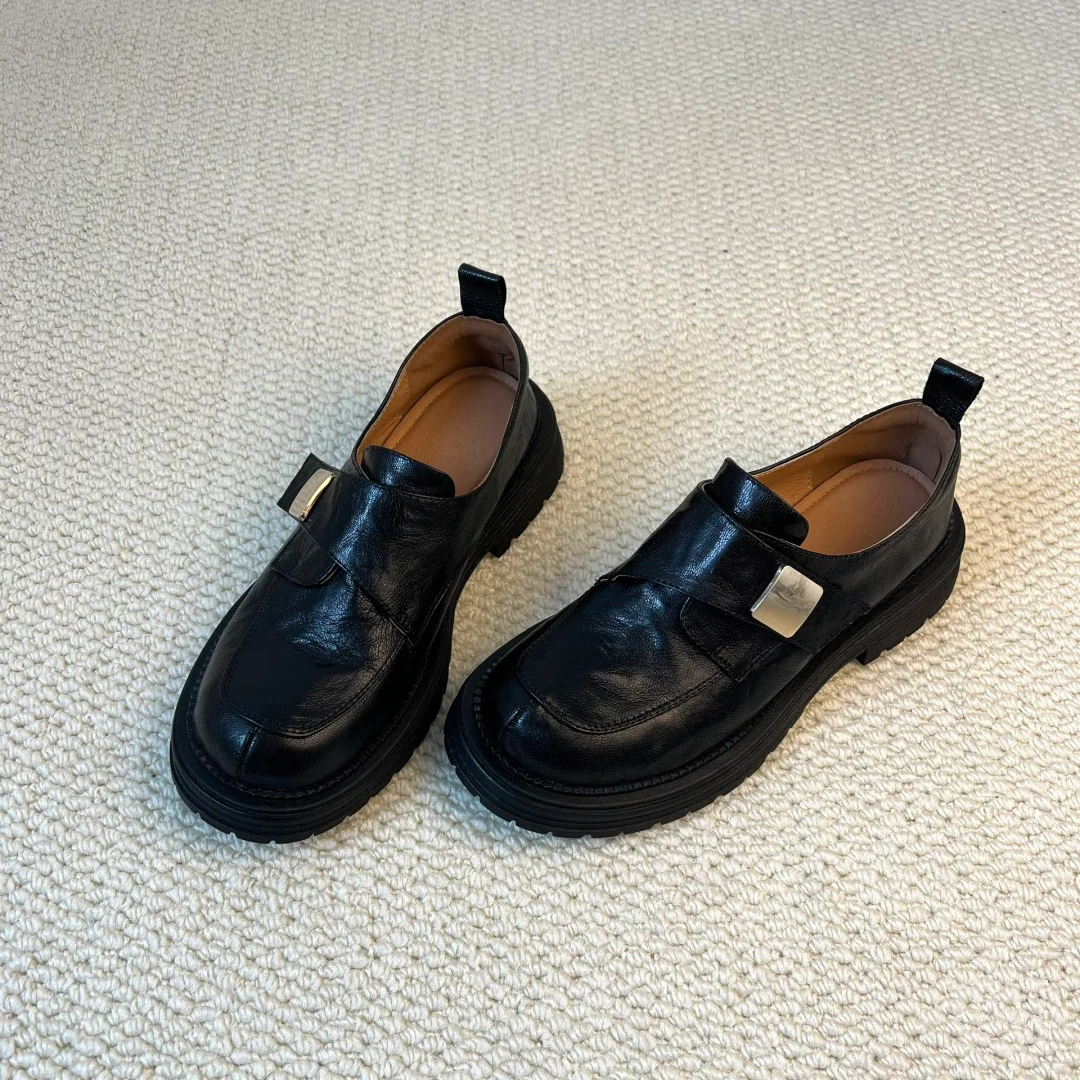 羊皮版！真皮厚底乐福鞋女英伦风一脚蹬单鞋魔术贴粗跟棕色小皮鞋