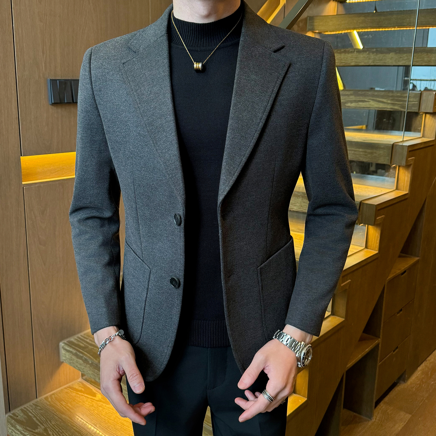 高级灰加厚毛呢西装外套男秋冬季商务韩版高级感修身潮流休闲西服