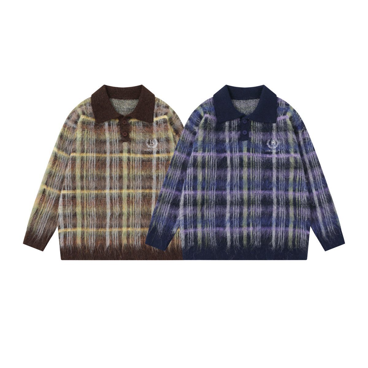 邦欧罗复古撞色格纹针织衫小众设计感秋冬新款学院风情侣开衫毛衣