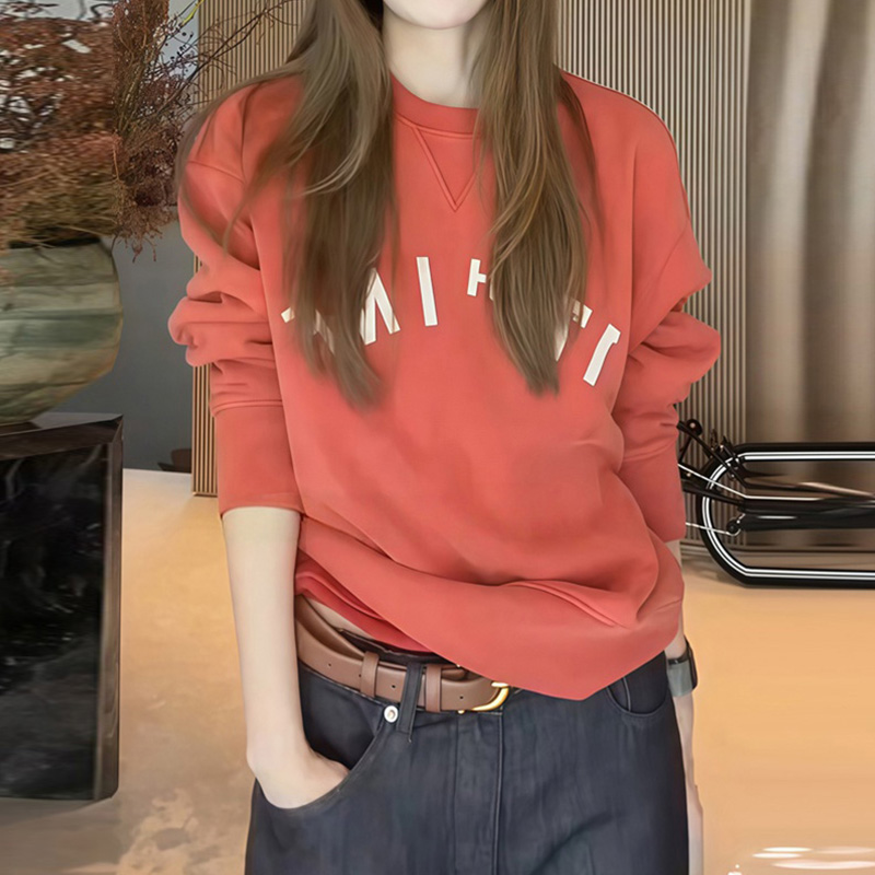 早秋季新款纯色百搭圆领外穿上衣洋气减龄女装套头宽松印花卫衣女