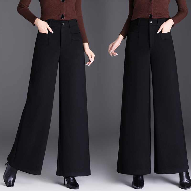 黑色羊毛呢阔腿裤女2025新款秋冬裤子高腰休闲长裤宽松垂感直筒裤