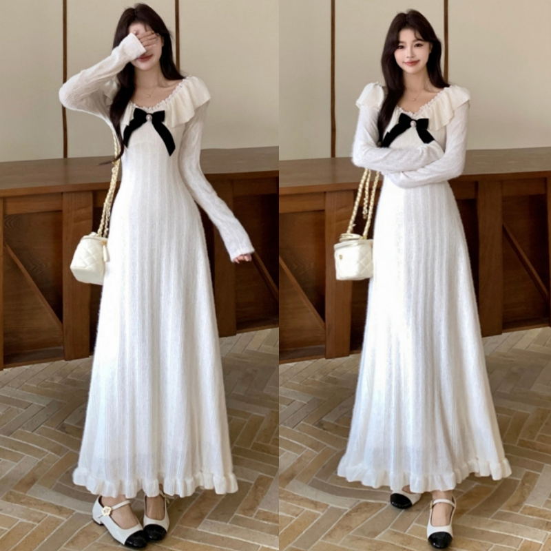 大码胖mm千金感温柔气质蝴蝶结收腰连衣裙加绒显瘦内搭长裙女