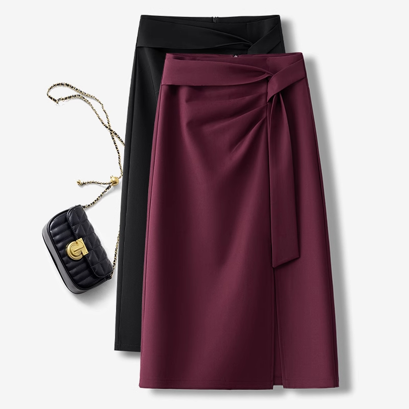 拉夏贝尔设计感开叉半身裙女秋季2025新款高腰气质西装褶皱包臀裙