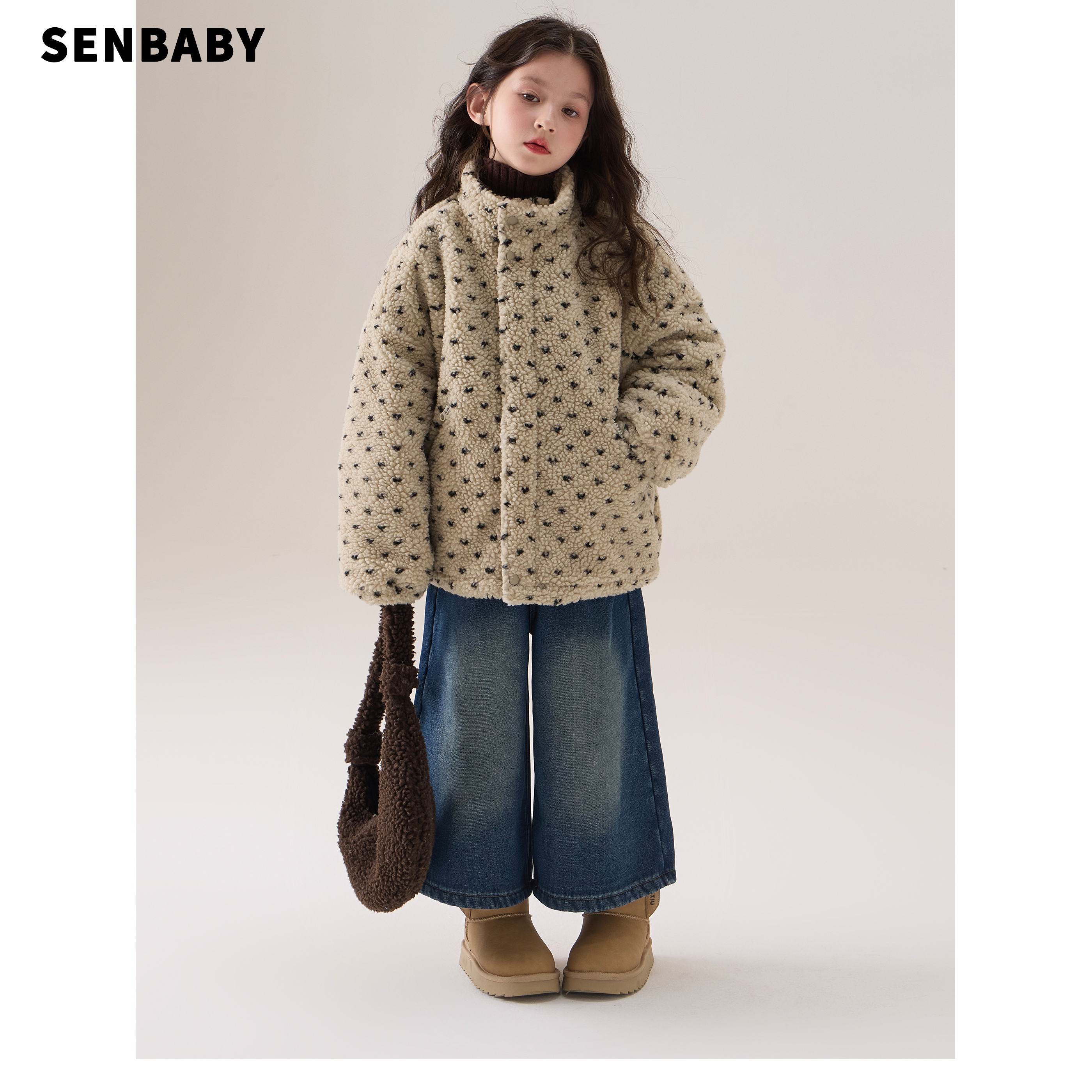 【现货】senbaby韩系女童加绒毛毛外套儿童冬装心心满印羊羔绒外套