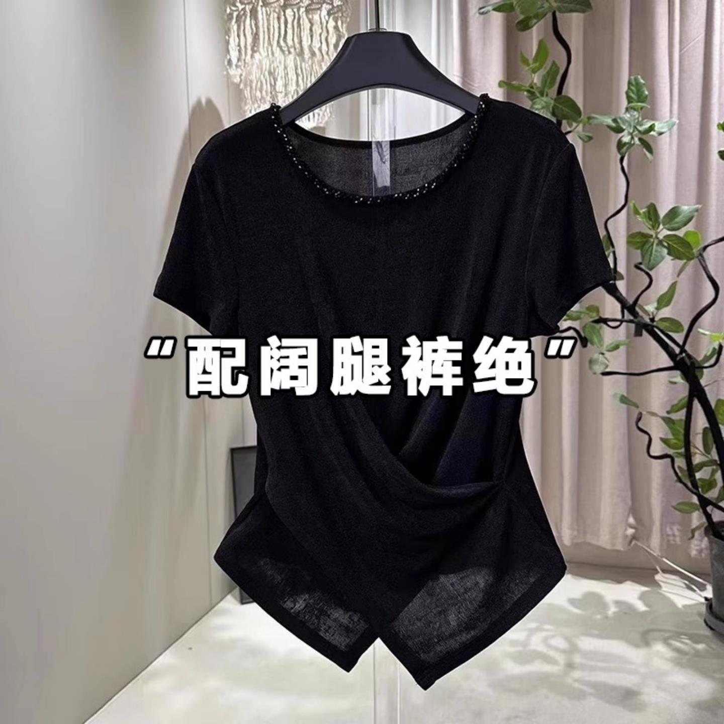 欧货不规则黑色短袖T恤2025夏季设计感收腰显瘦时尚烫钻小衫上衣
