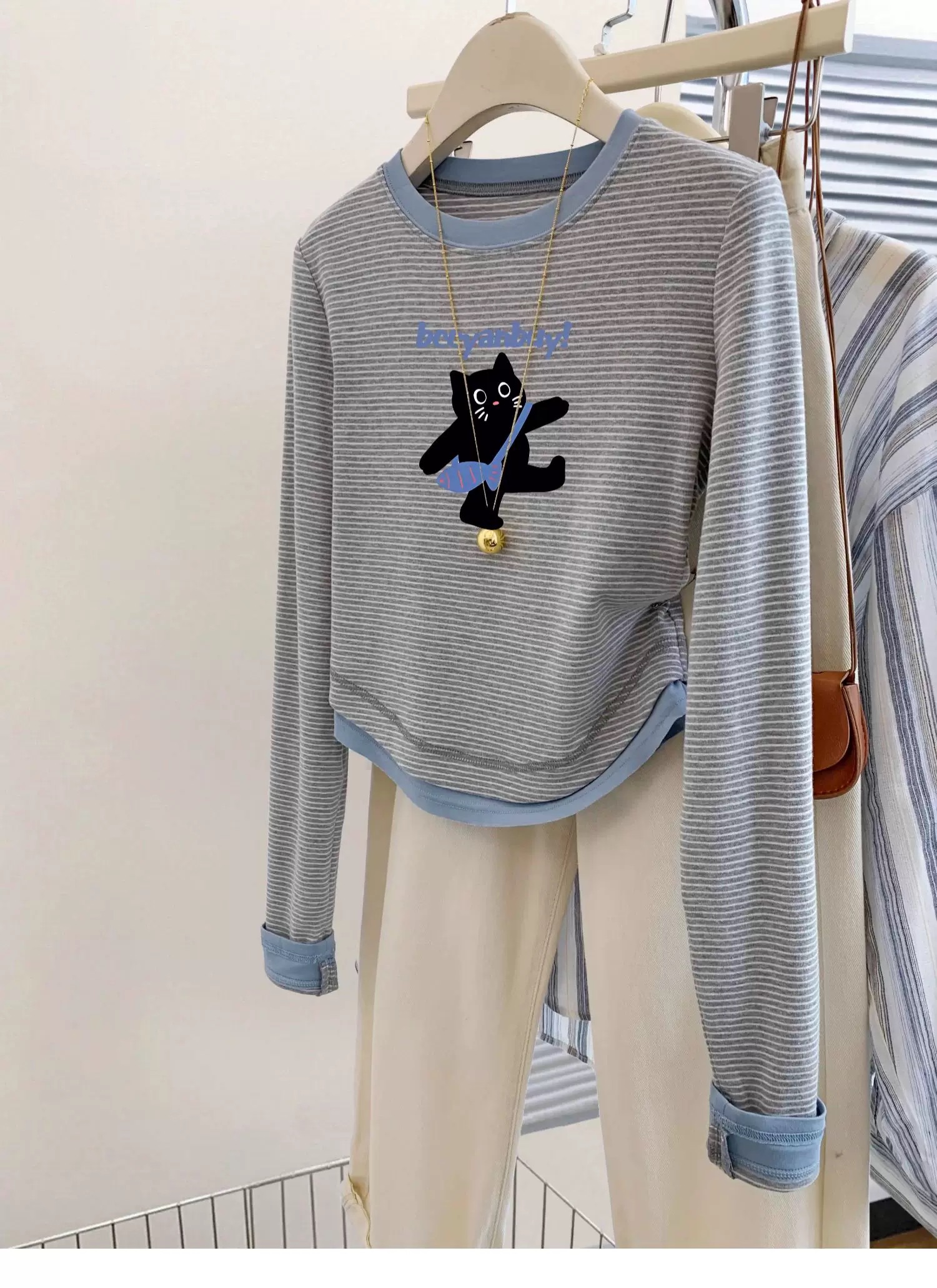 女童假两件条纹长袖上衣2025秋新款中大童保暖百搭t恤卡通打底衫