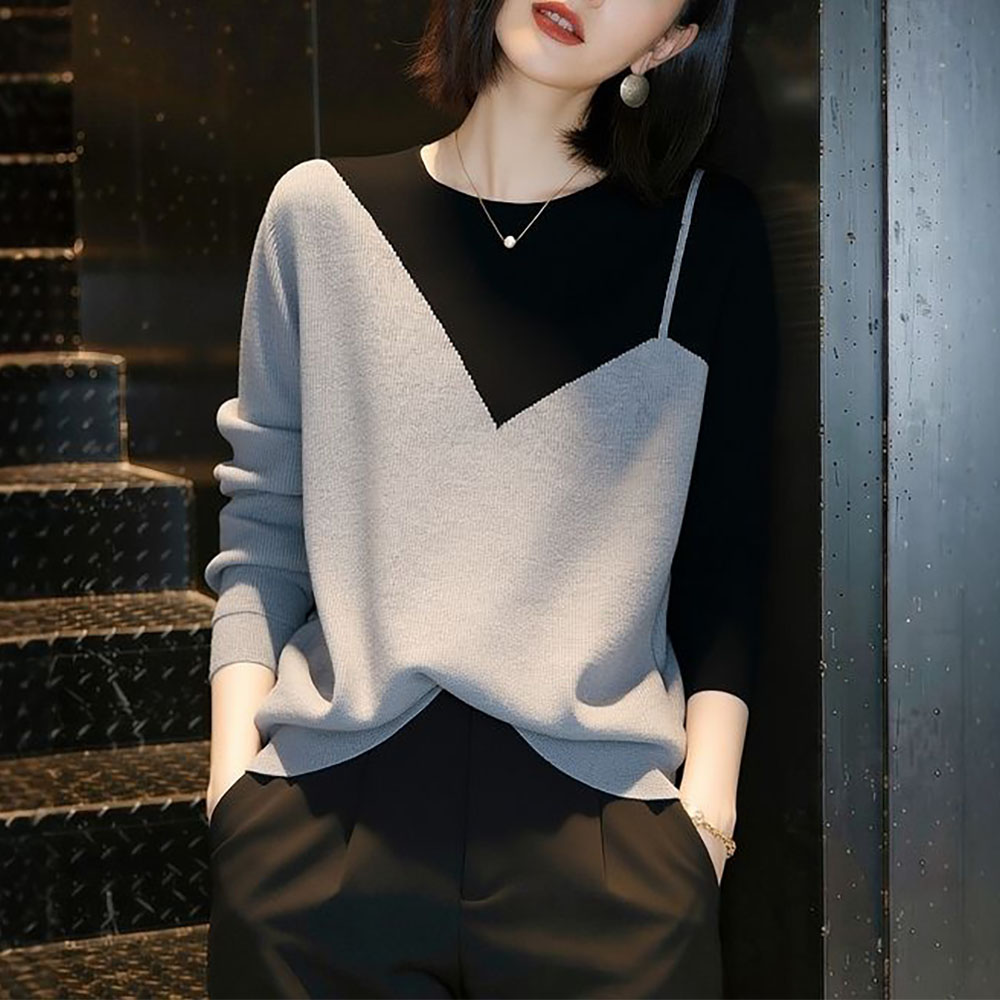 撞色拼接针织衫女秋冬慵懒高级感减龄宽松显瘦假两件打底毛衣上衣