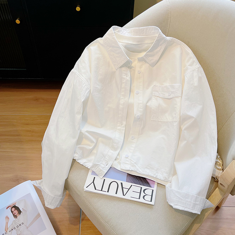 法式白色长袖衬衫女2026新款春装设计感小众衬衣宽松抽绳短款上衣