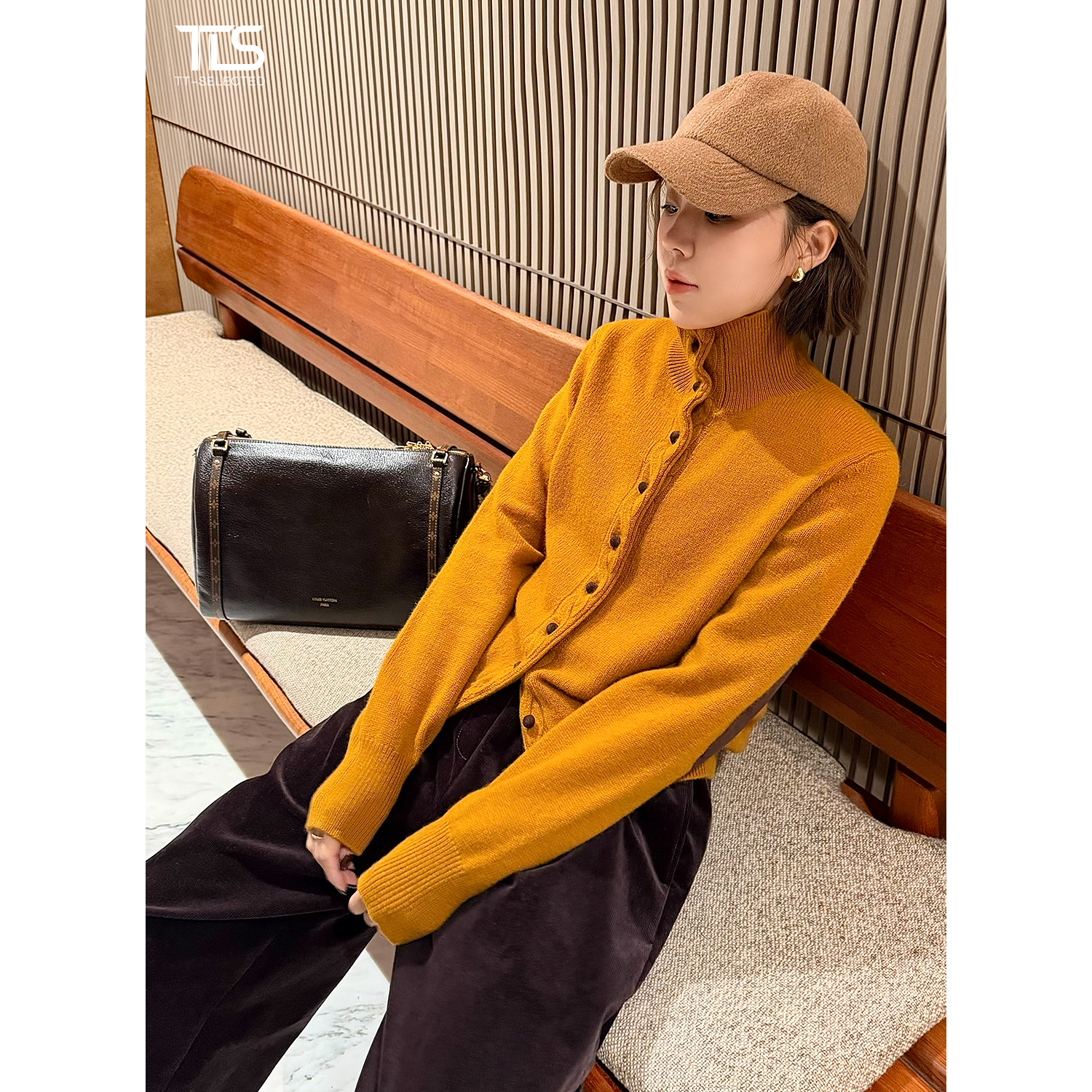 TT【柿宝】澳洲进口超细绵羊毛补丁绞花高领针织开衫毛衣外套MY5290