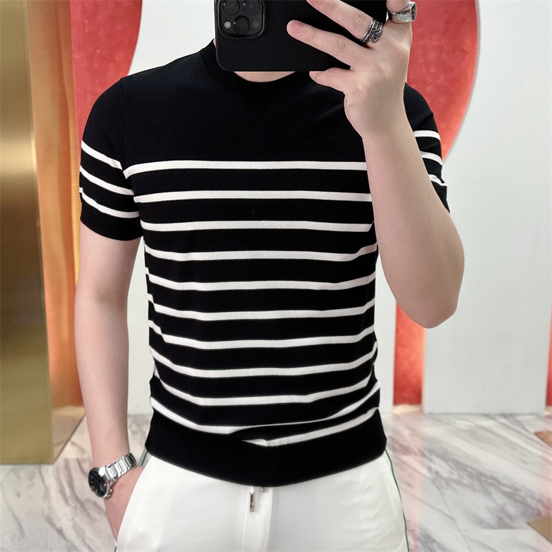 2025夏季新款修身帅气弹力条纹圆领针织薄款短袖T恤男潮针织半袖