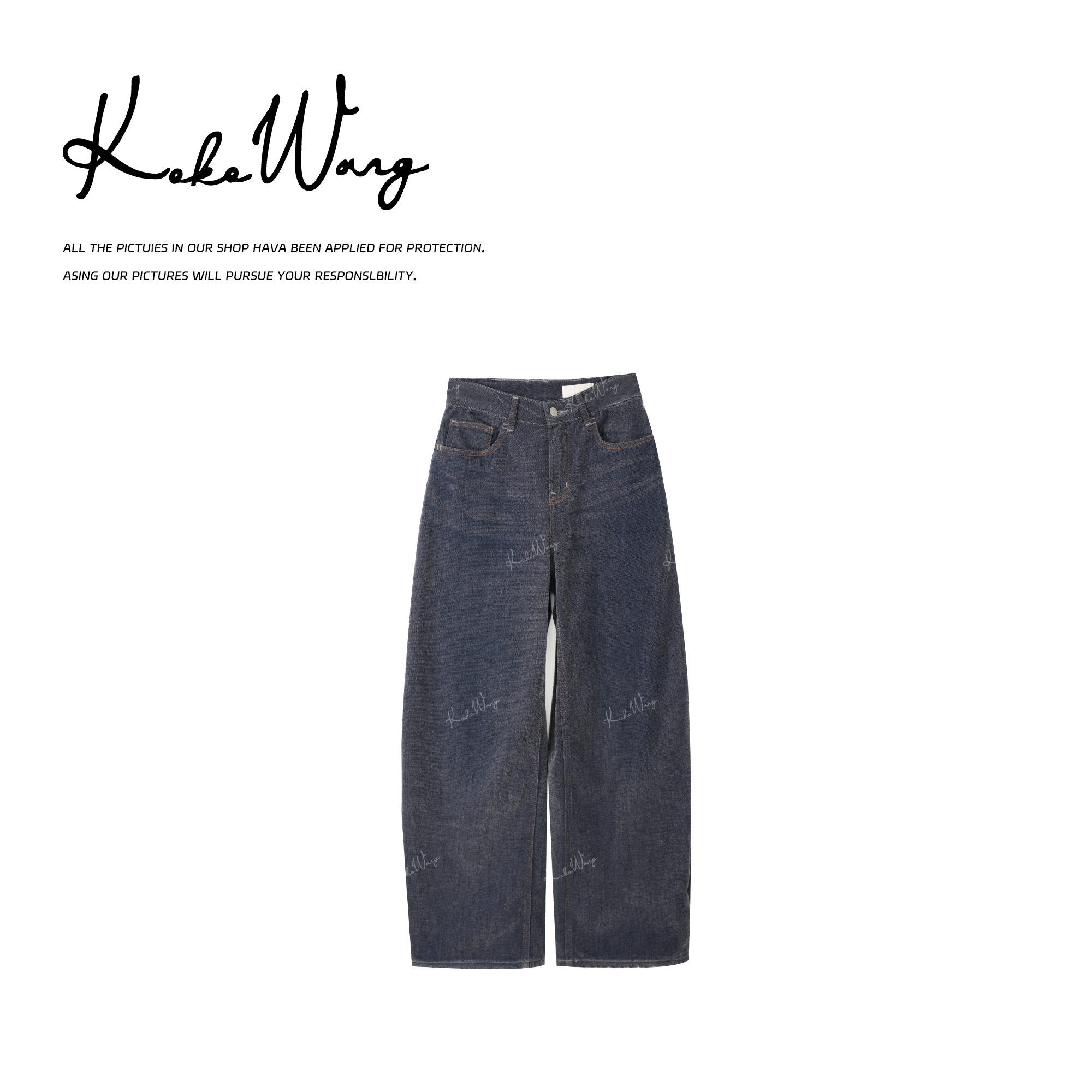 KOKO WANG 秋冬美式复古洗水抓纹显瘦百搭直筒牛仔裤 N7045L02K01