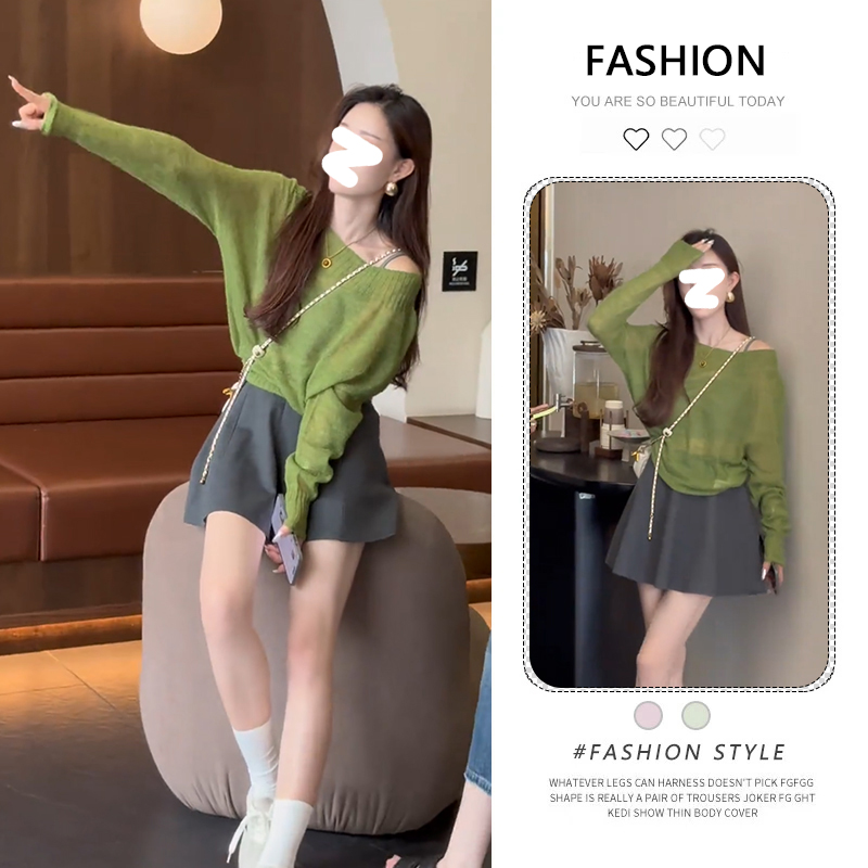 慵懒斜肩长袖针织衫女款秋季绿色毛衣宽松高级感温柔气质露肩上衣