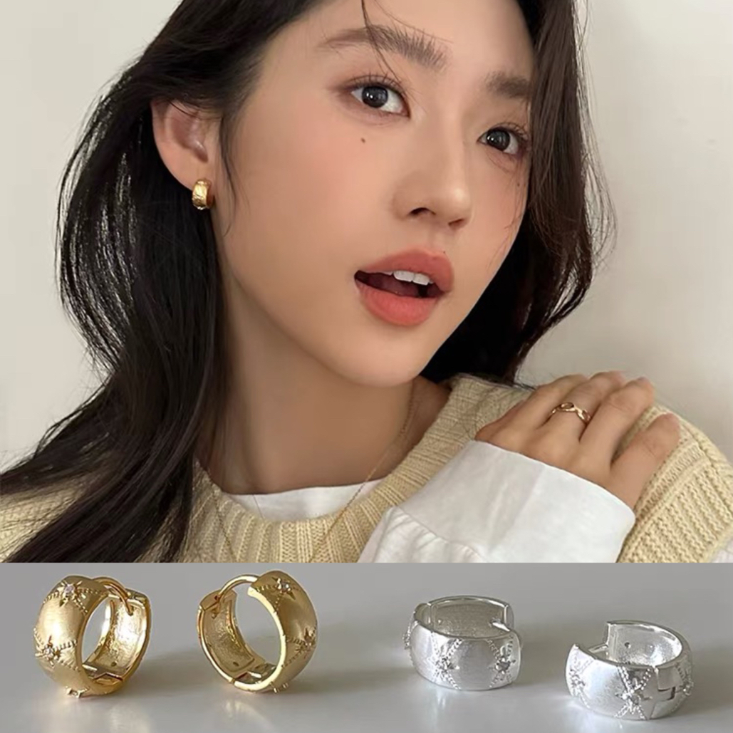 铜合金锆石耳饰 布契风拉丝星星耳环轻奢高级感耳钉耳圈耳饰女