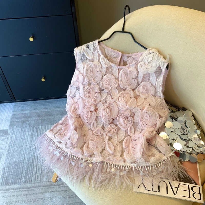 2025新款上小香重工立体花朵蕾丝马甲女夏款流苏高级感背洋气时尚