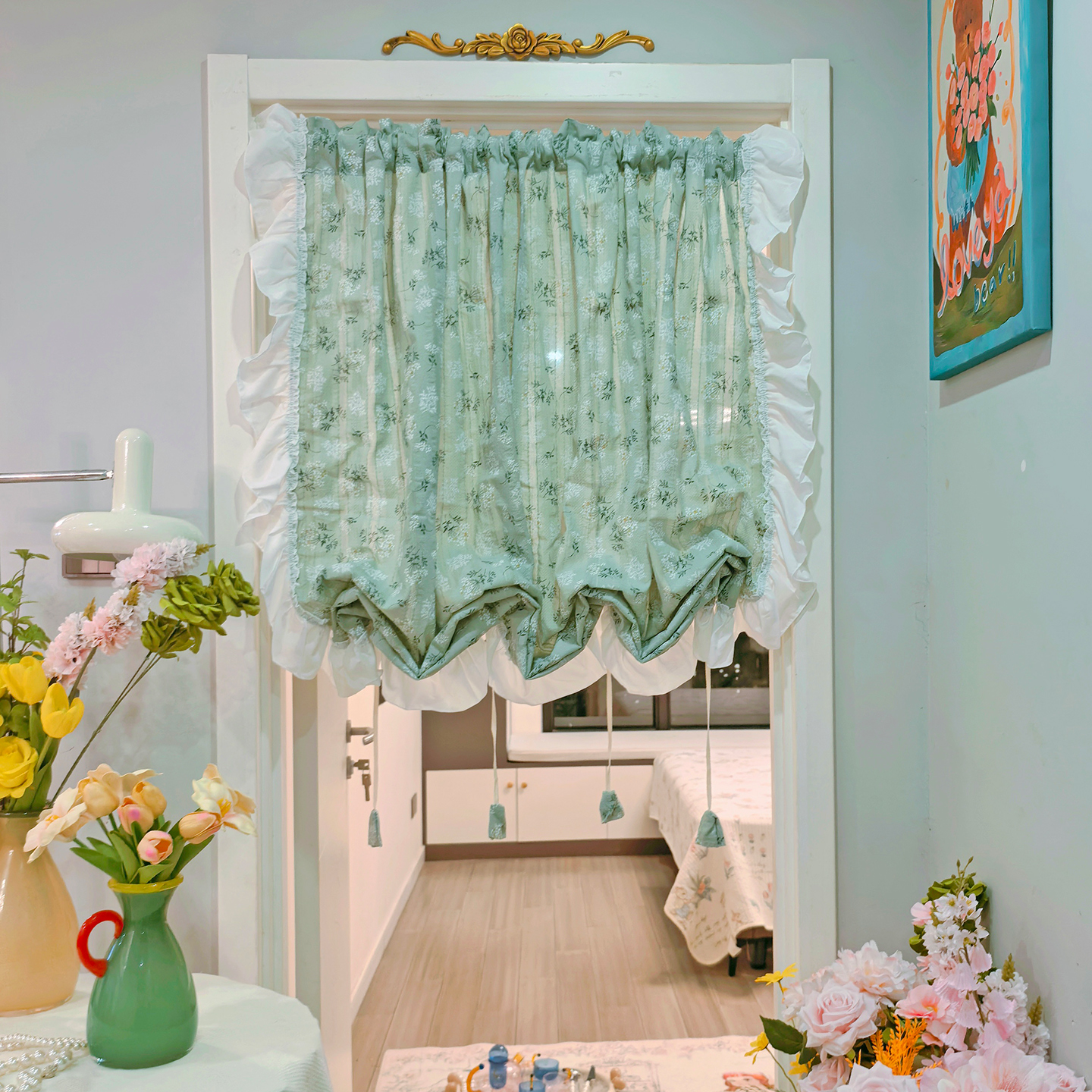 扇形厨房罗马帘气球帘遮光绿色印花提拉帘全棉纯棉短帘门帘布艺