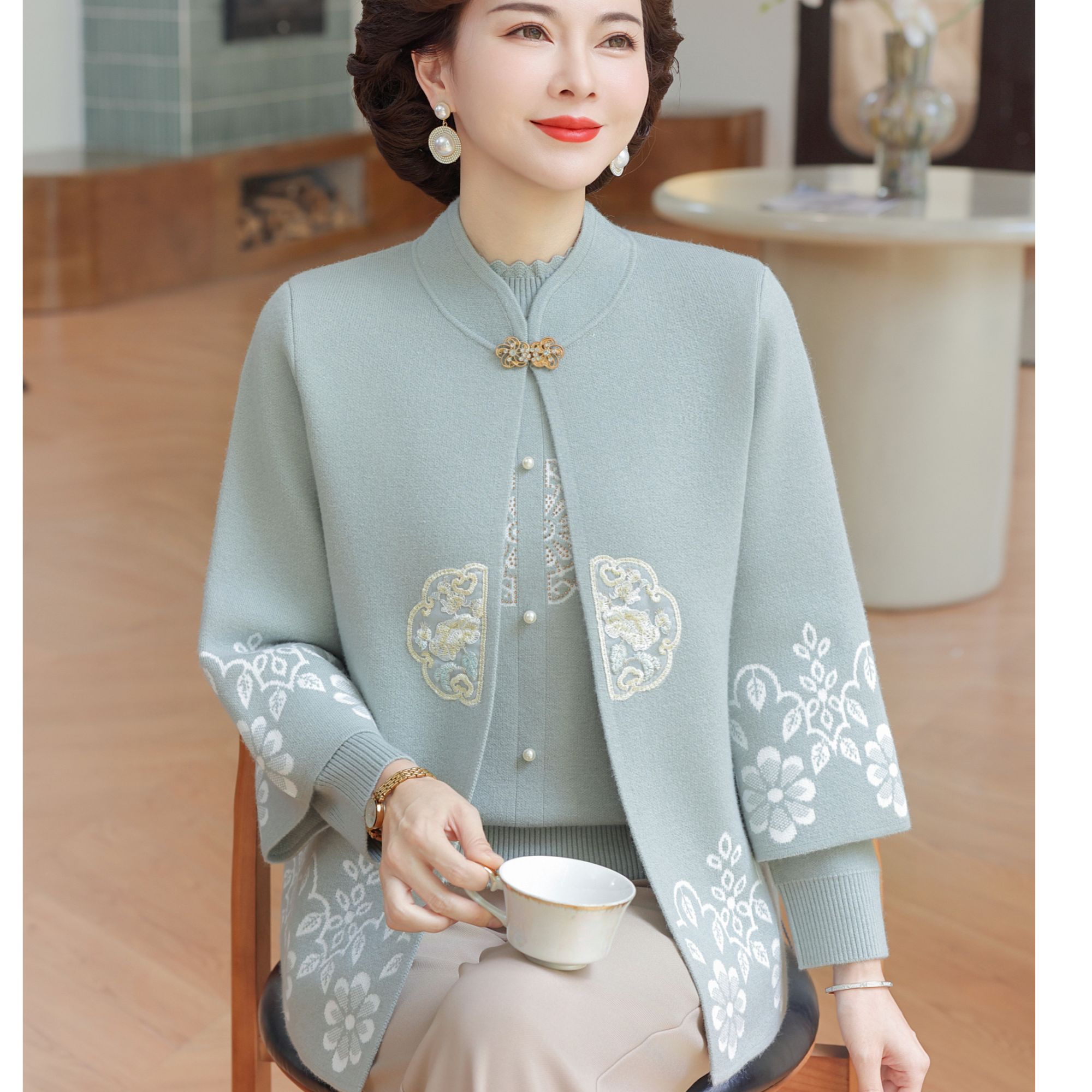 正品妈妈装新款国风中式两件套针织中老年女春秋毛衣开衫外套女装