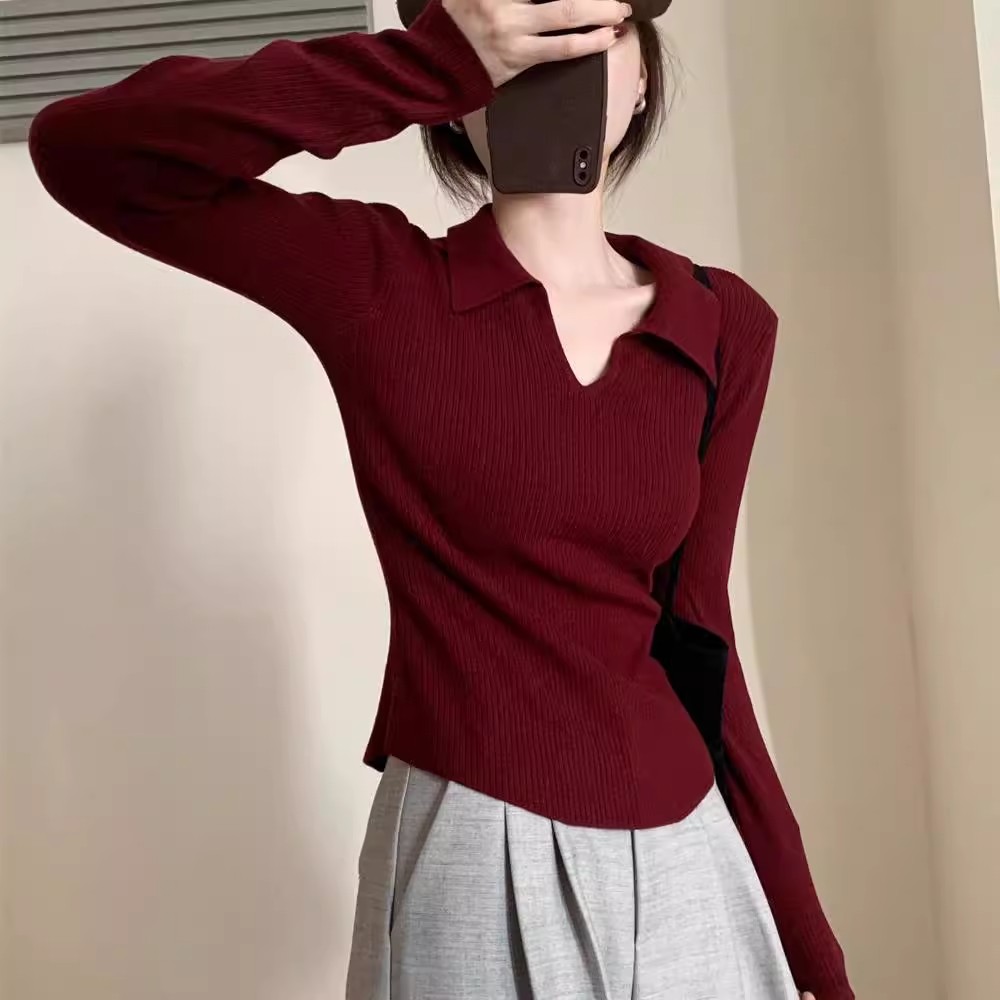 法式红色毛衣女秋冬基础款修身显瘦弹力软糯polo领内搭针织打底衫