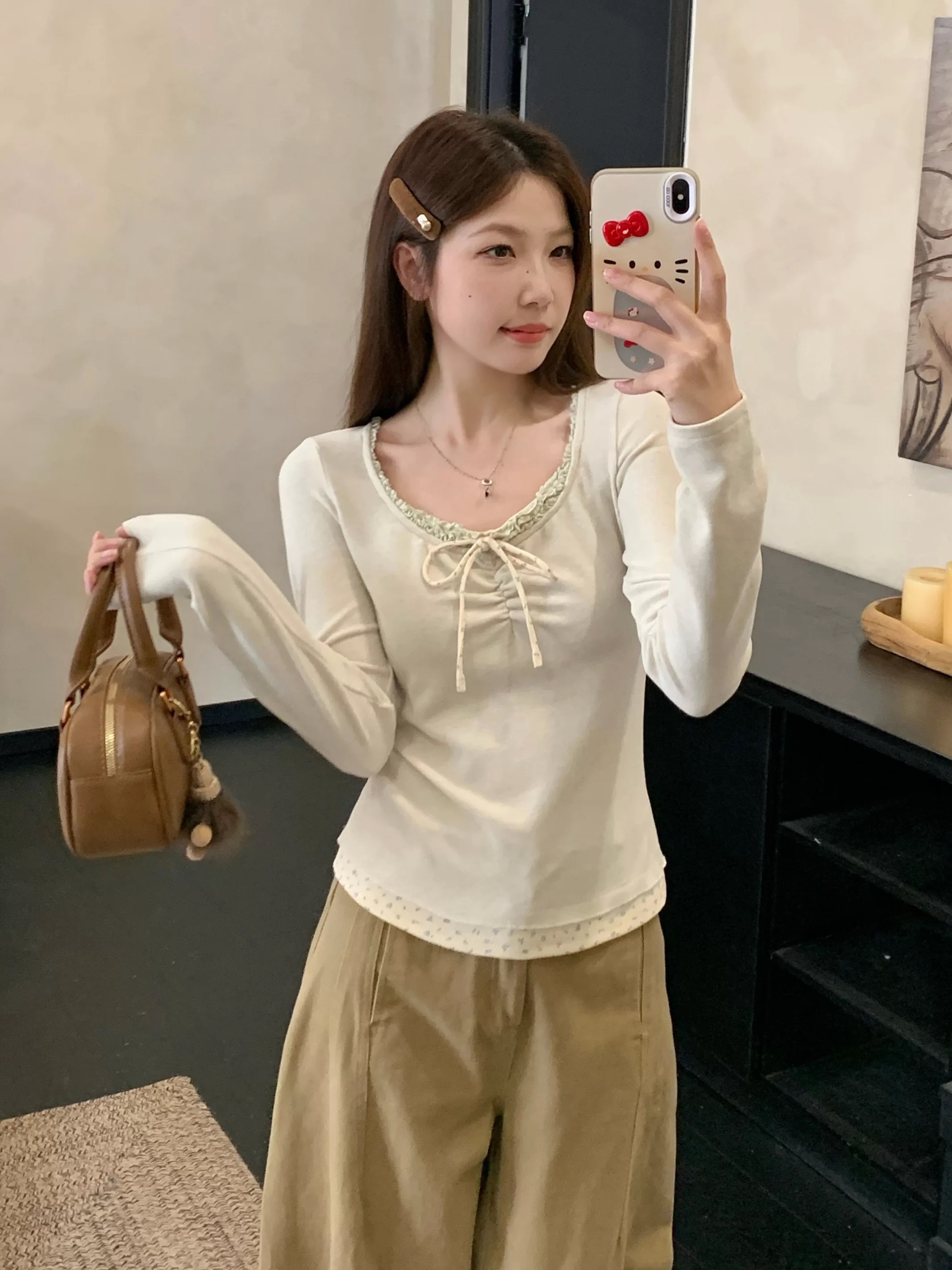 微胖大码秋冬新款韩系假两件碎花拼接绑带上衣正肩纯欲百搭打底