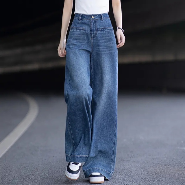 蓝色复古高腰阔腿牛仔裤女春季新款梨型身材显瘦裤子不贴腿长裤潮