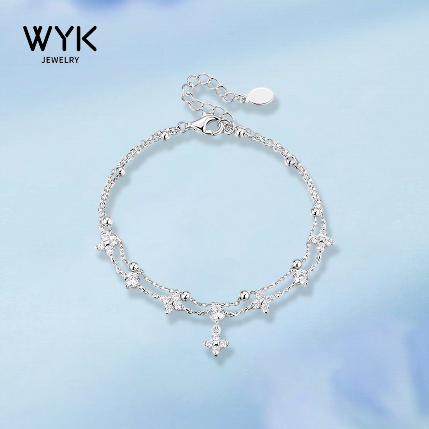 足银合成锆石手链 幸运双重奏手链轻奢小众设计圣诞节礼物送女友